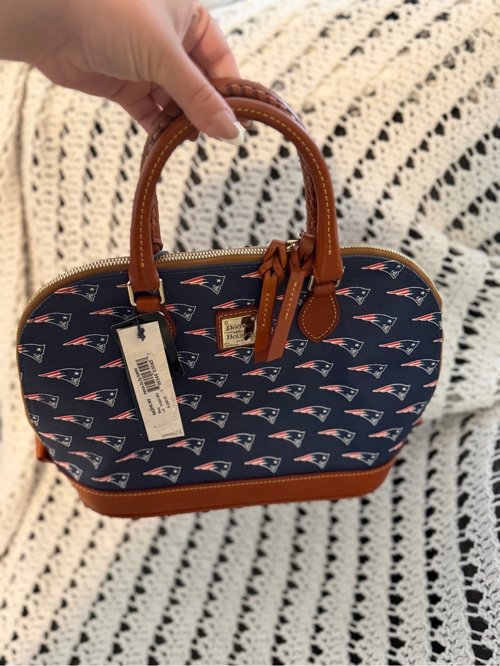 BRAND NEW Dooney & Bourke Navy and Brown New England Patriots Satchel - Picture 7 of 10